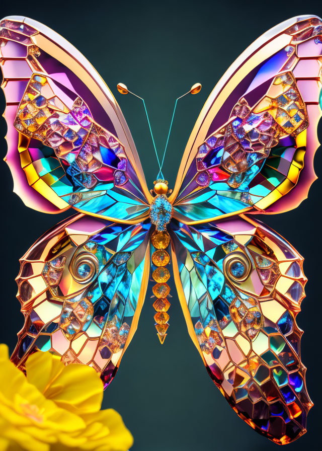 Colorful digital artwork: Stylized butterfly with geometric iridescent wings above yellow flower