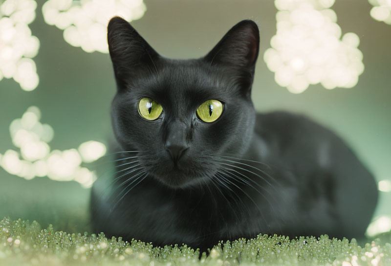 Black cat with yellow eyes on glittery surface with bokeh lights.