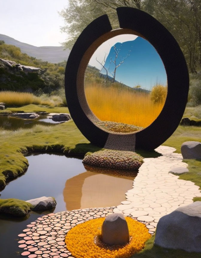 Circular Frame Landscape: Pond, Stepping Stones, Greenery, Rolling Hills