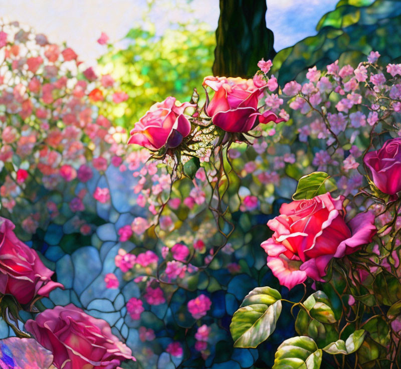 Blooming pink roses amidst colorful flowers and foliage under soft sunlight