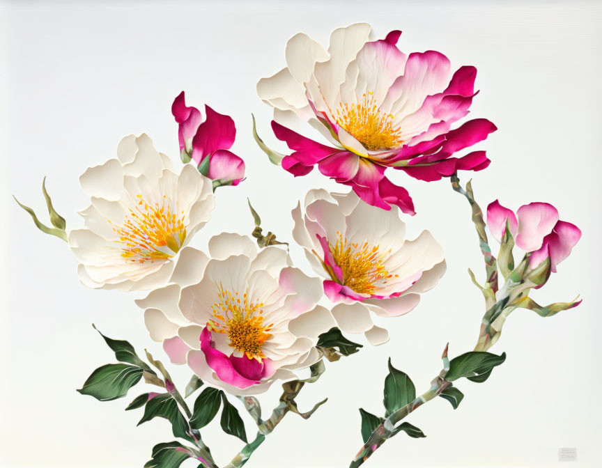 Colorful painting of white and pink peony flowers on light background