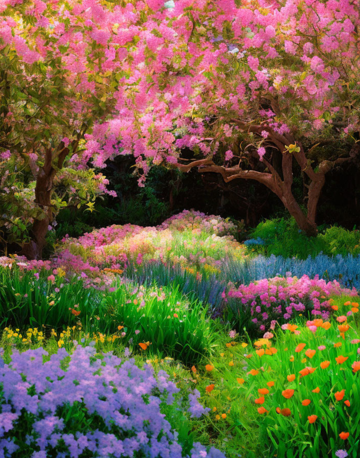 Vibrant pink trees and multicolored flowerbeds in lush garden