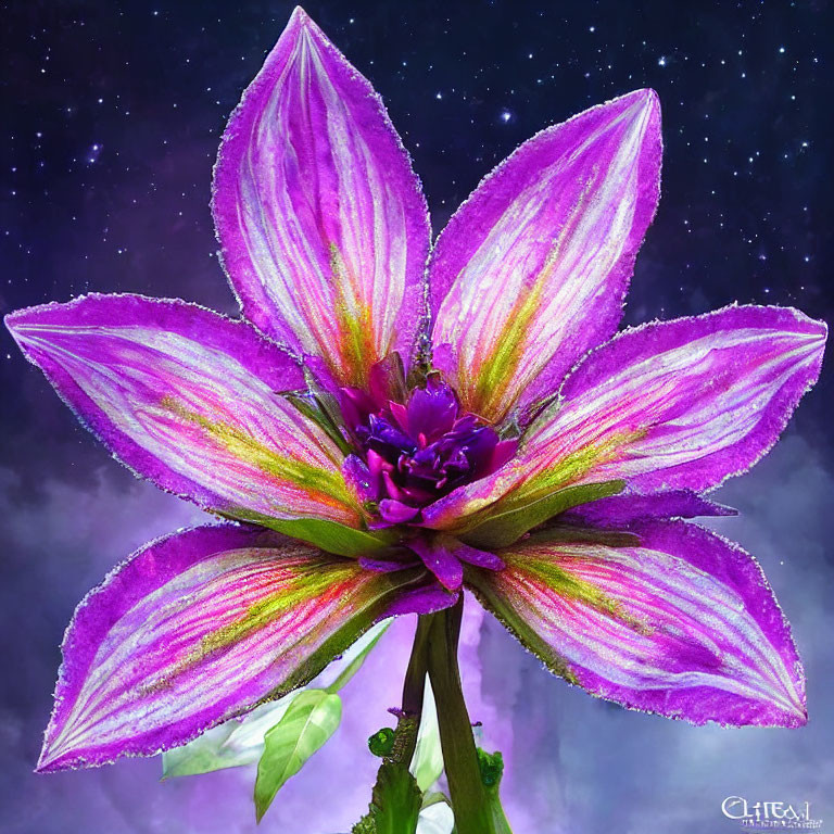 Vibrant Purple and Pink Flower on Starry Night Sky