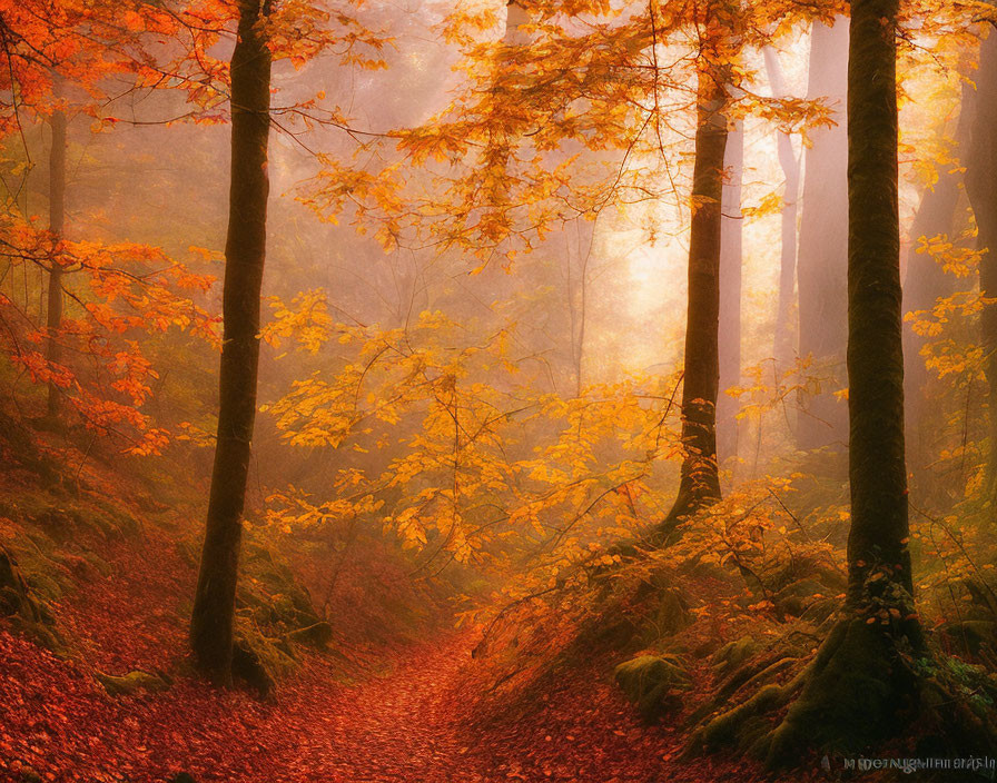 Tranquil Autumn Forest Path with Vibrant Foliage