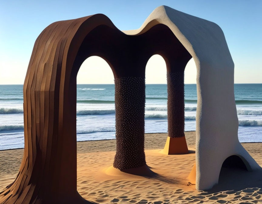 Brown and white beach installation with wavy structure and ocean view