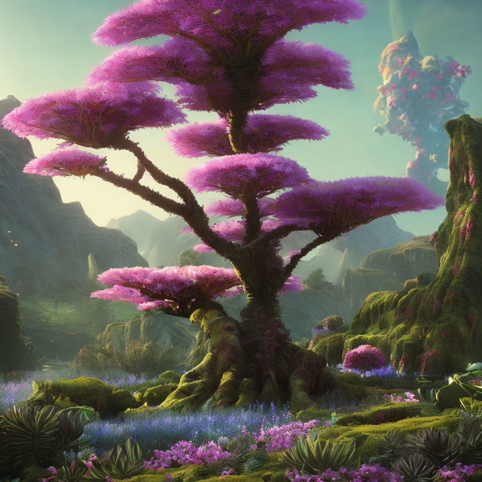 Vibrant pink foliage tree in lush fantasy landscape