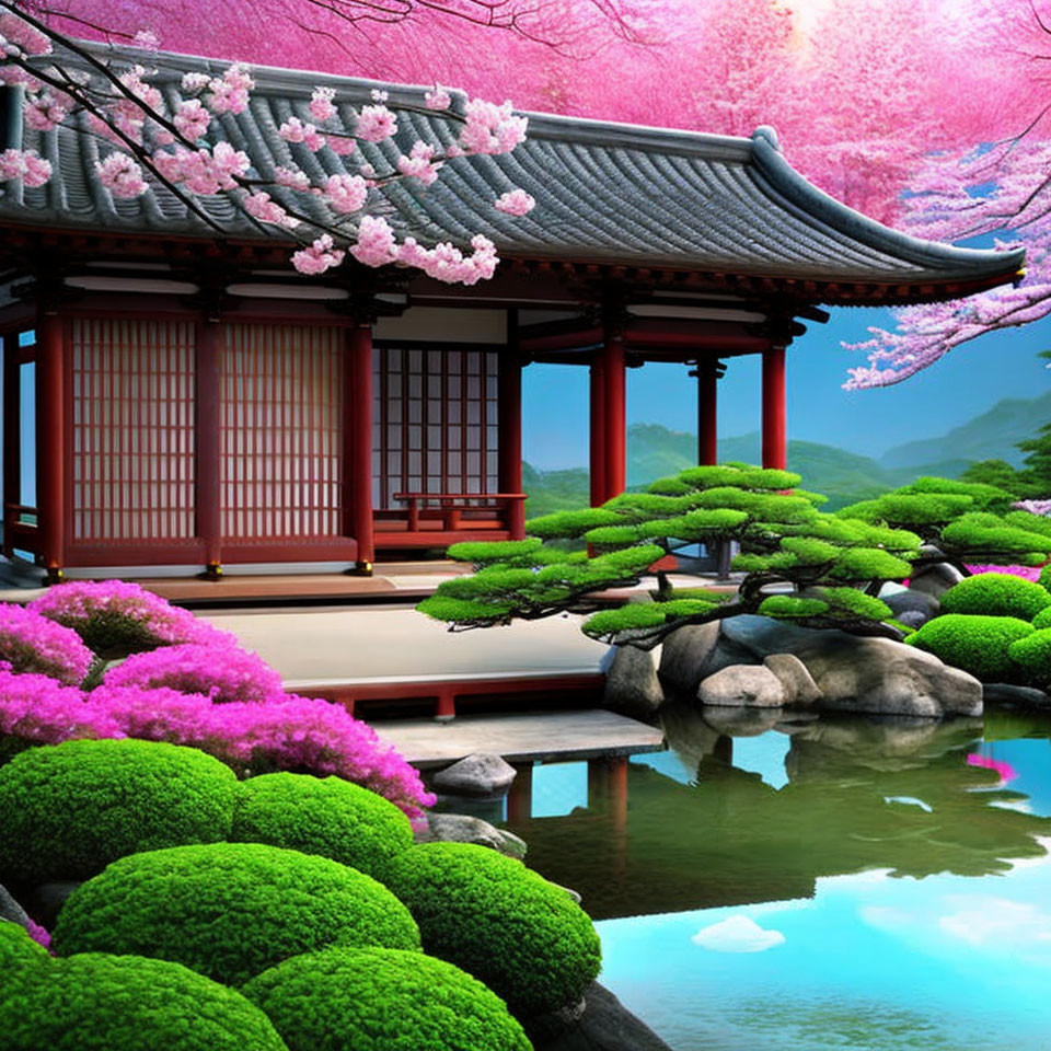 Traditional Japanese Building with Cherry Blossoms and Landscaped Garden