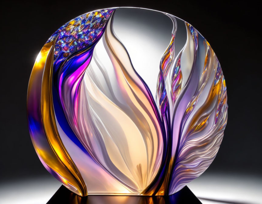 Glass sculpture with purple, amber, and white swirls in vibrant light patterns