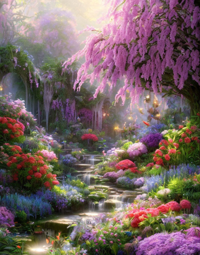 Enchanting garden with purple wisteria, colorful flowers, lush greenery, and a gentle