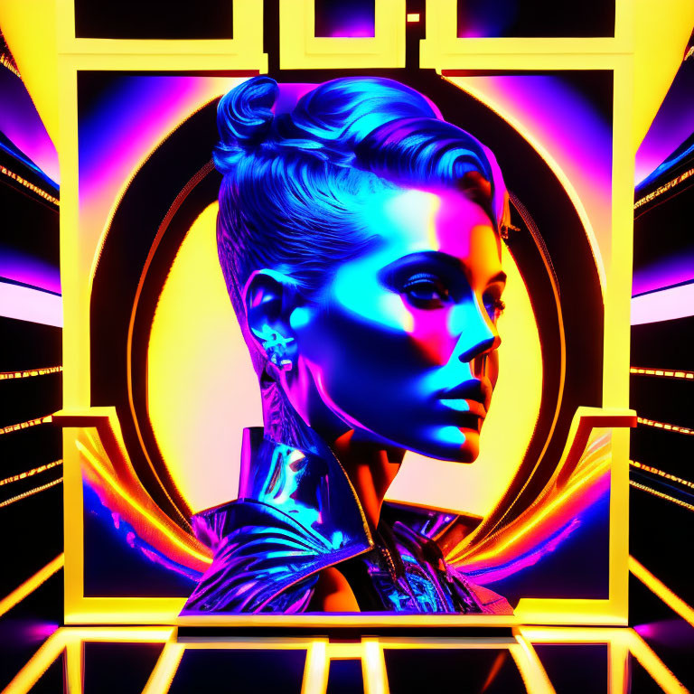 Colorful digital artwork: Woman with updo on neon background