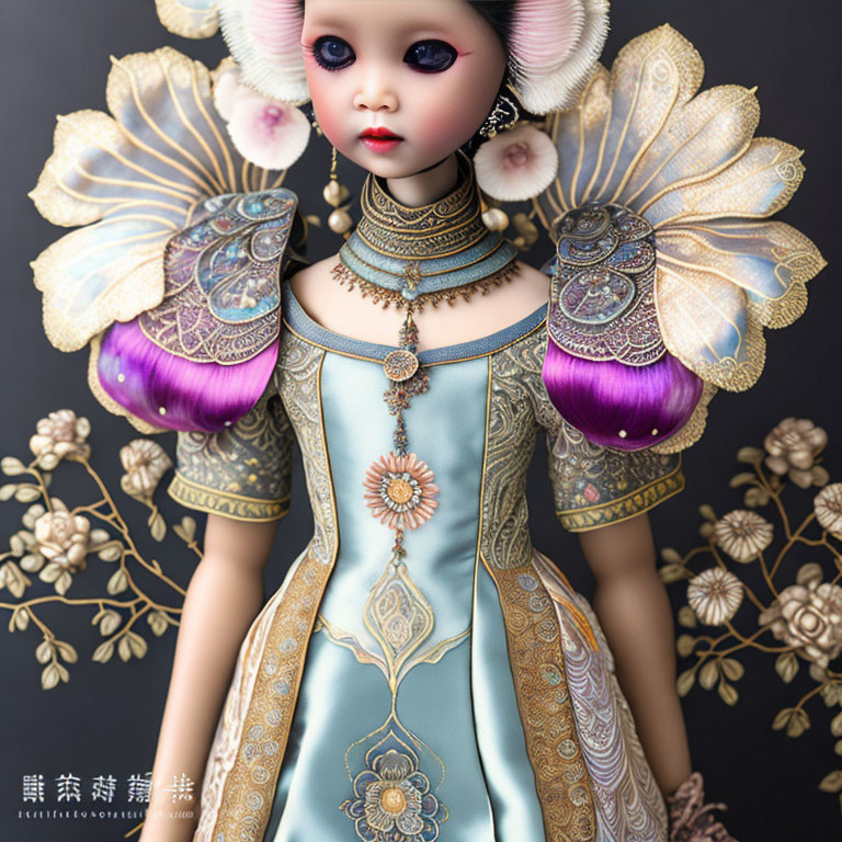 Elfin-Eared Doll in Blue and Gold Dress with Floral Details