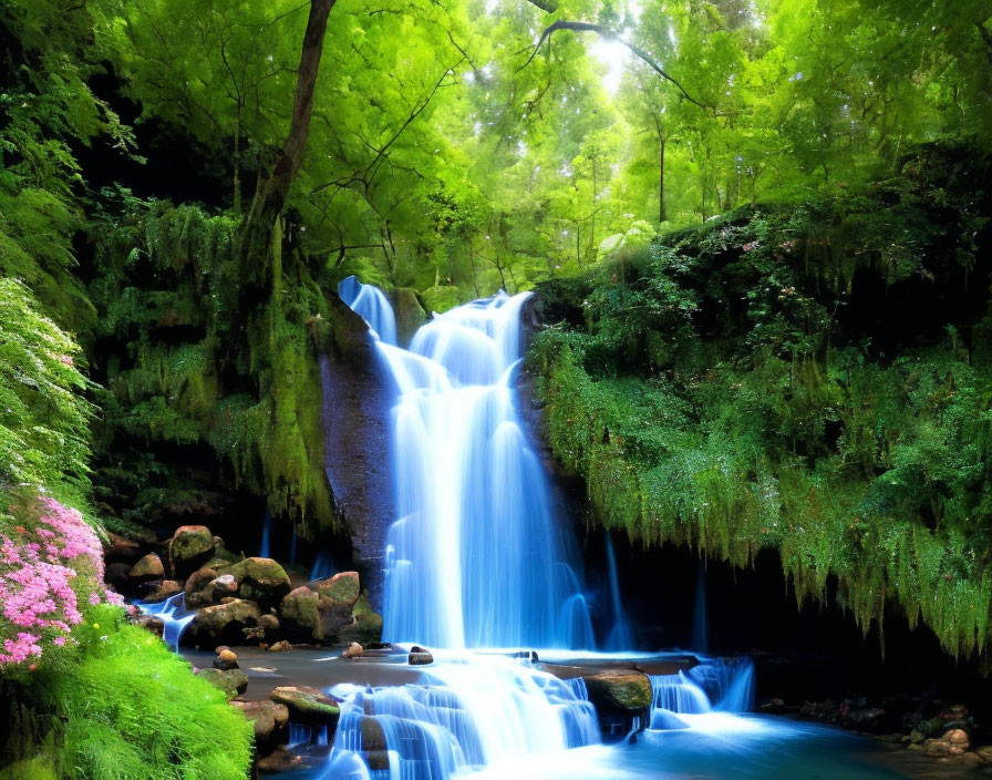 Tranquil waterfall over mossy rocks in lush greenery