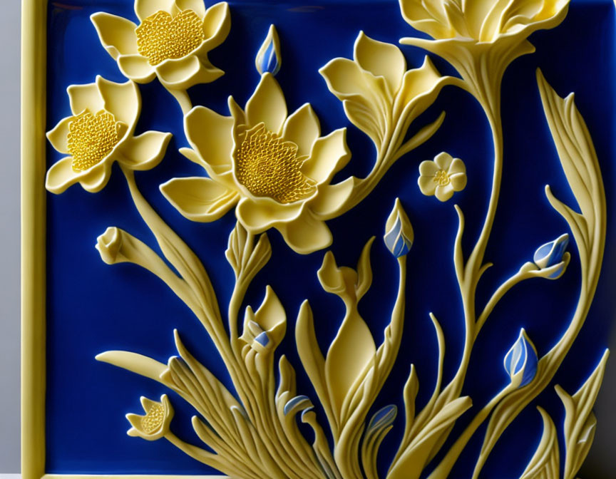 Stylized Golden Yellow Flowers Relief Sculpture on Deep Blue Background