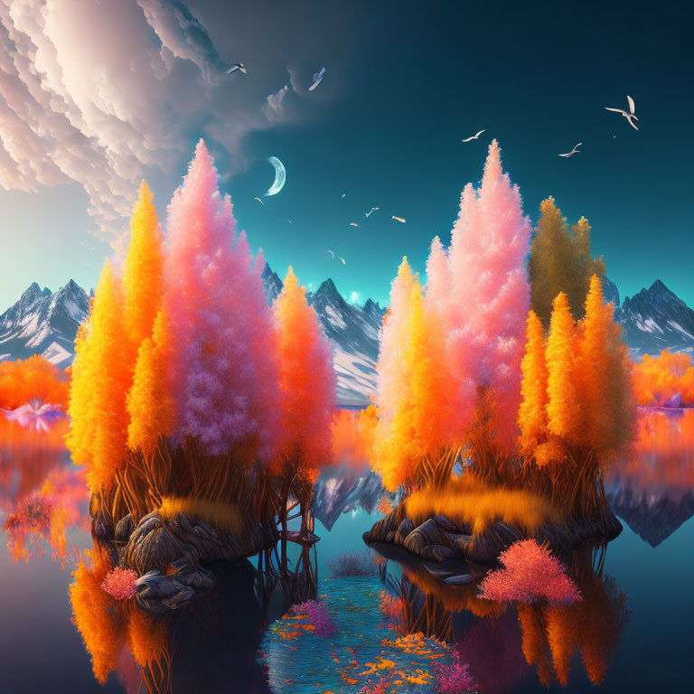 Fantasy landscape with orange foliage, reflective water, mountains, multiple moons, and birds