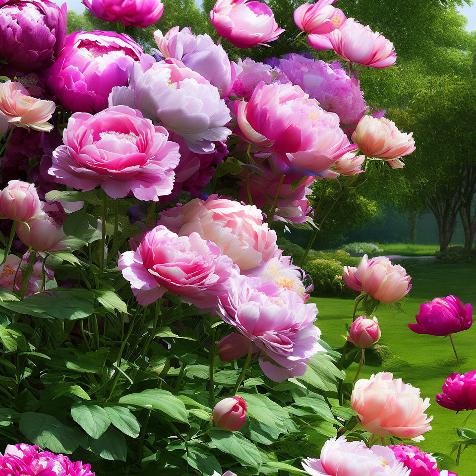 Lush green garden with vibrant pink peonies blooming