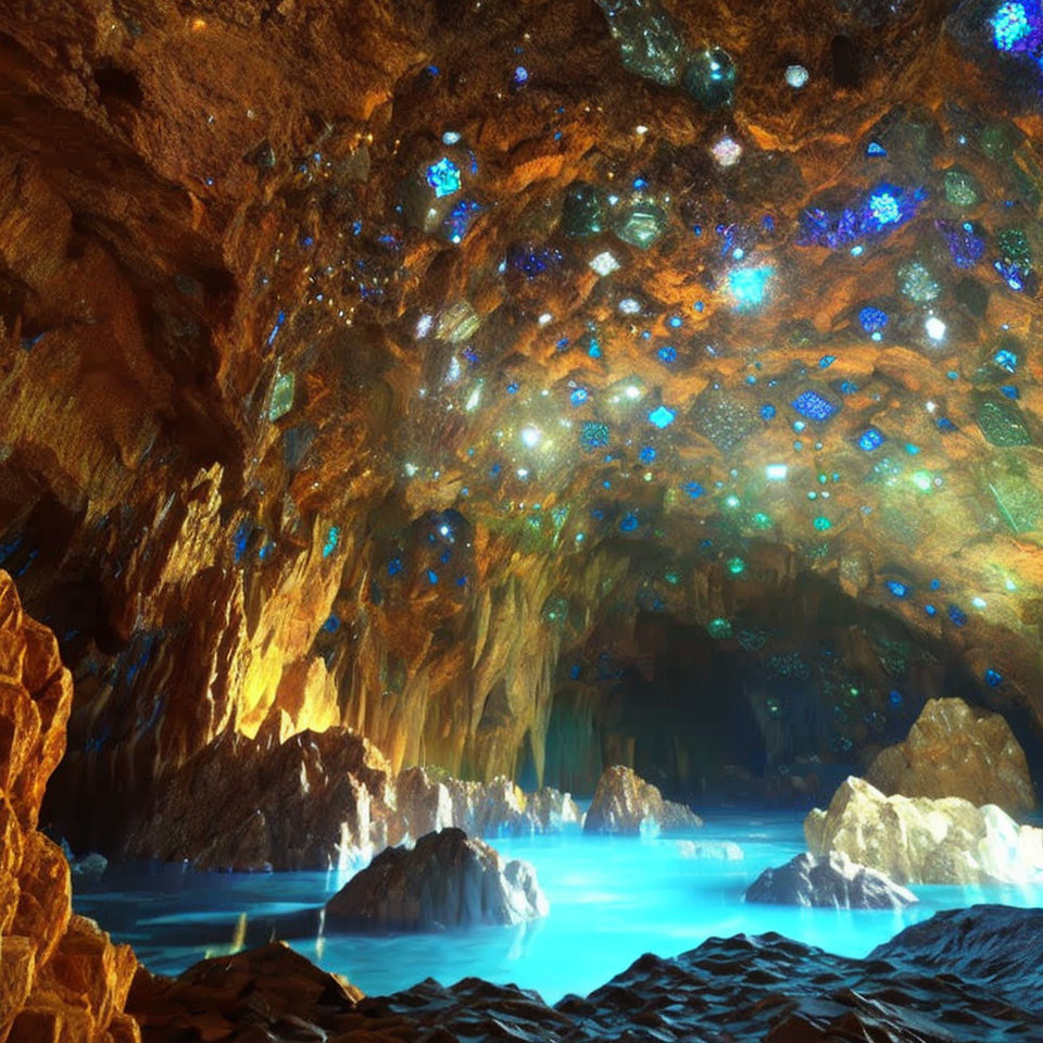 Glowing blue pool in illuminated cave with bright mineral ceiling