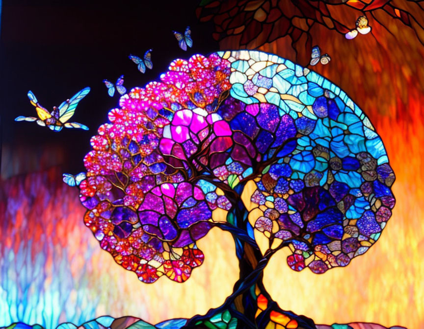 Colorful stained glass tree with butterflies and vibrant hues