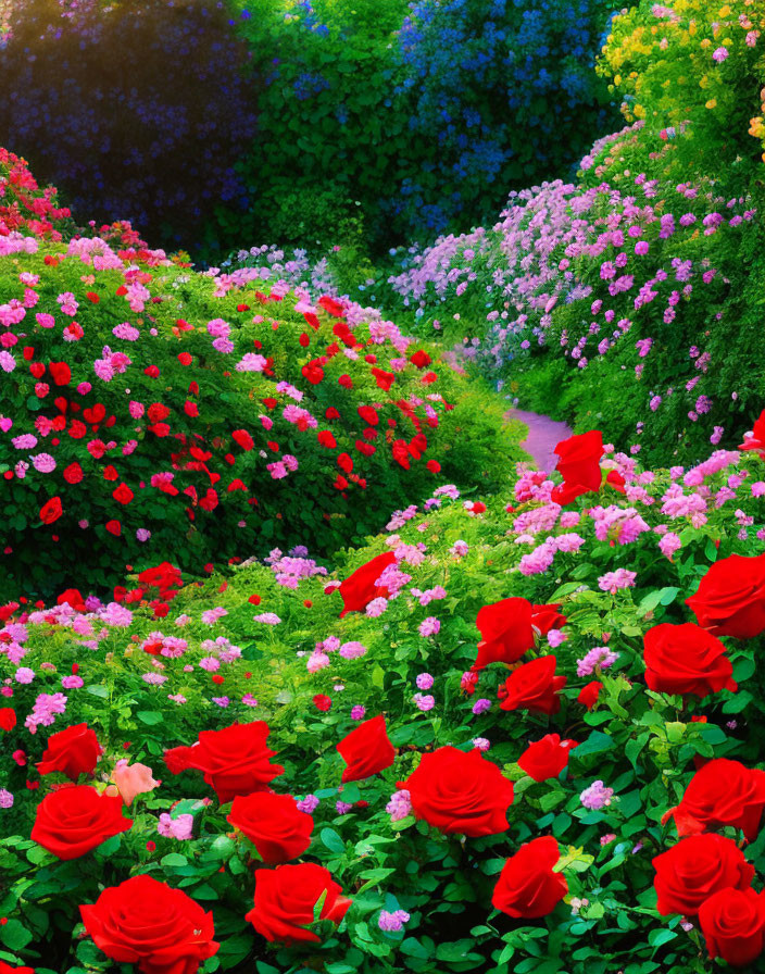 Colorful Flower Garden Path with Pink, Red, and Blue Blooms