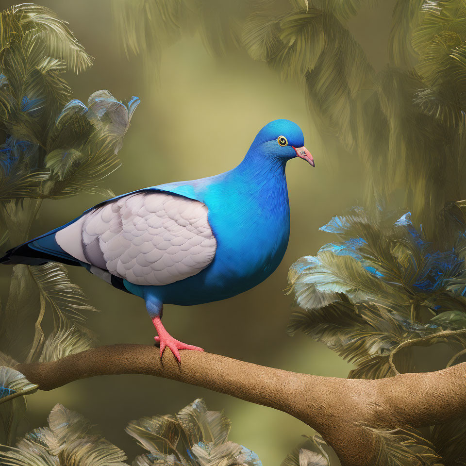 Blue and white pigeon on tree branch in green foliage