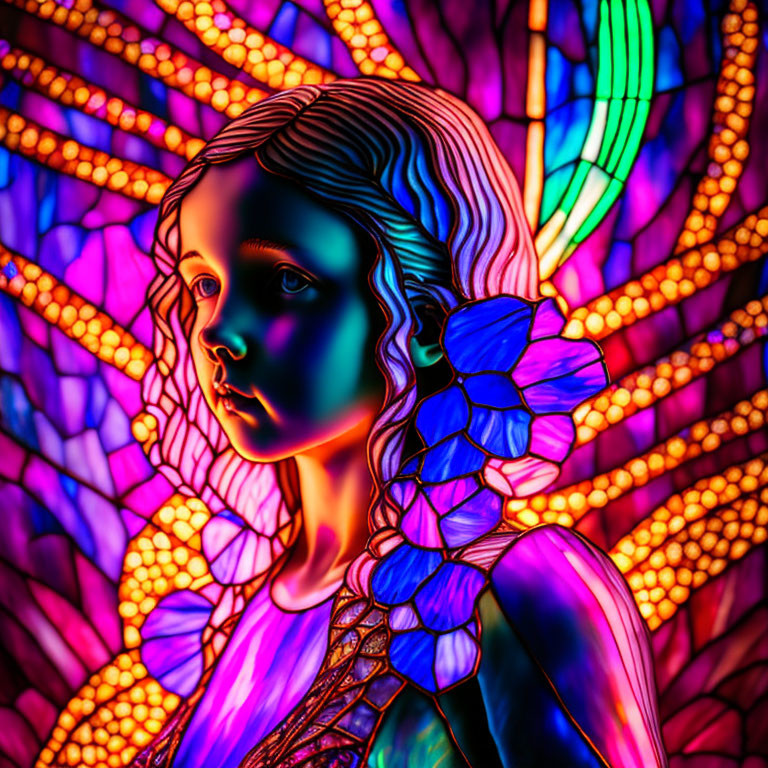 Neon-colored digital artwork: Young girl with stained glass background