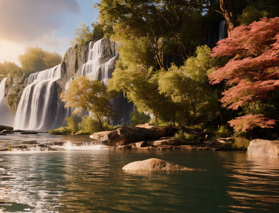 Serene Waterfall Landscape with Sunlit Foliage