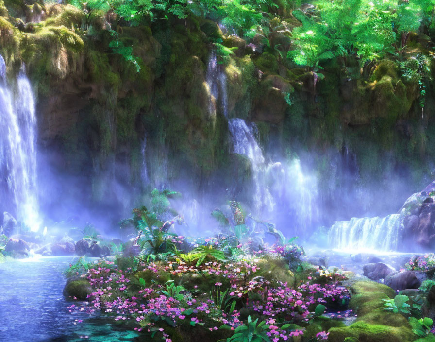 Tranquil forest waterfall with lush greenery and pink flowers