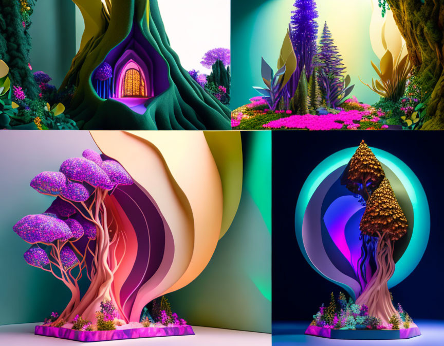 Vibrant surreal landscapes with stylized trees and whimsical architecture.