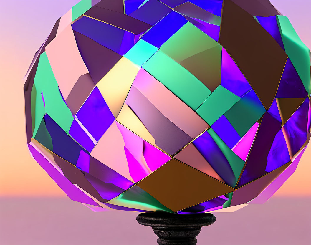 Colorful Geometric Sphere with Metallic Facets on Pedestal Reflecting Purple, Blue, and