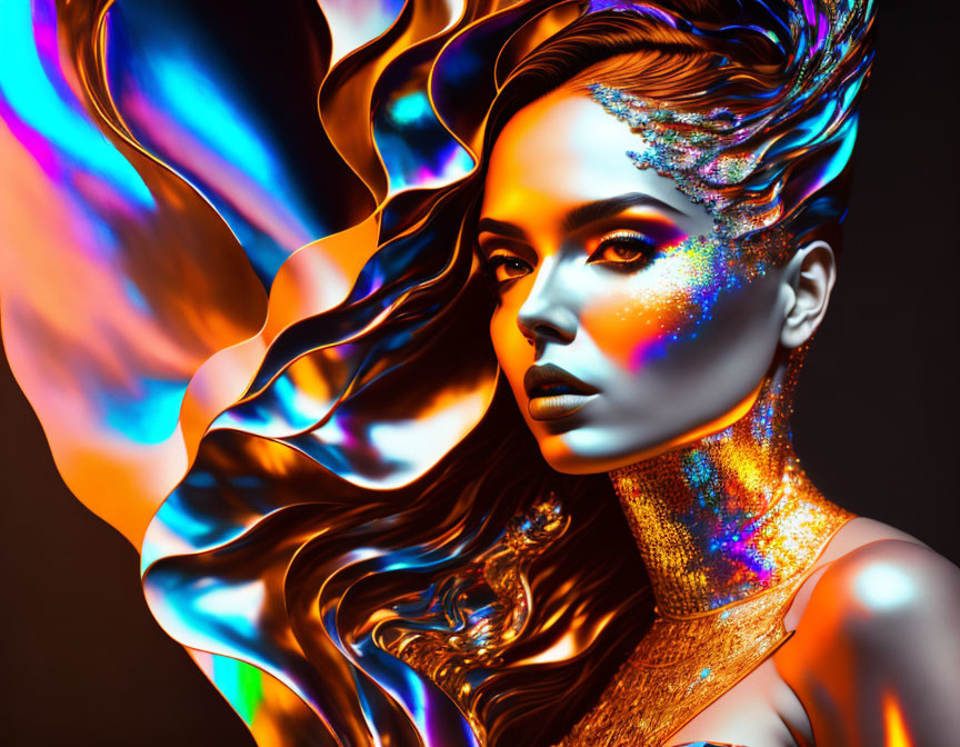 Glittering makeup and colorful lighting on woman's striking pose