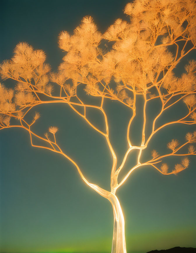 Intricate glowing tree branches against blue-orange sky