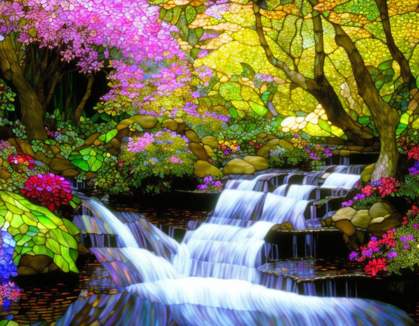 Vibrant forest scene with colorful waterfall and illuminated foliage