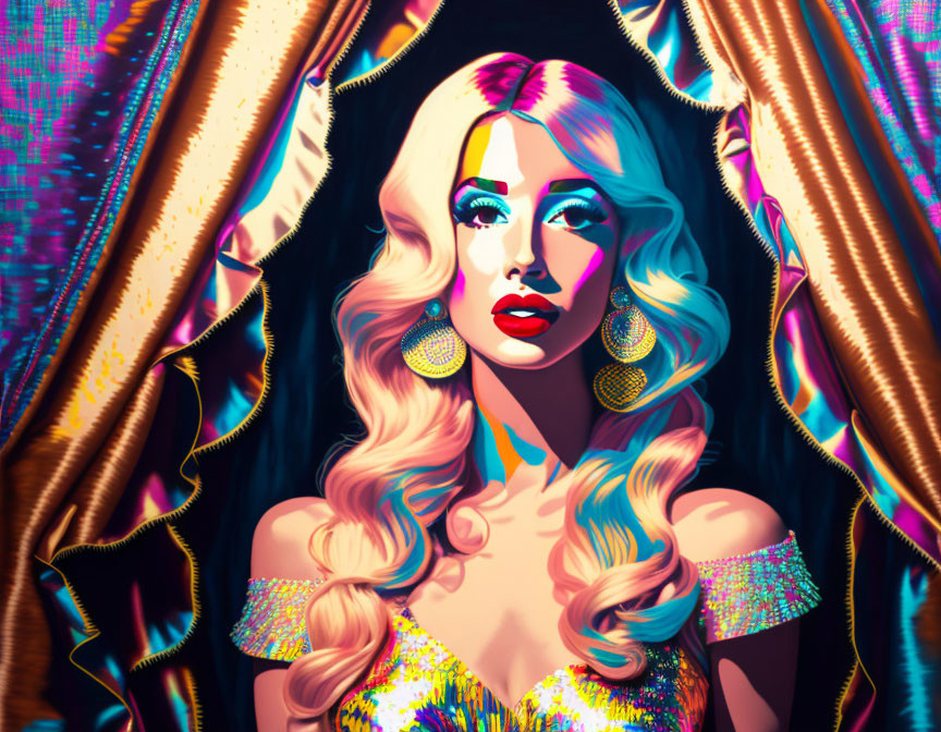 Colorful digital artwork of woman with blonde hair, dramatic makeup, and sparkly attire, set against