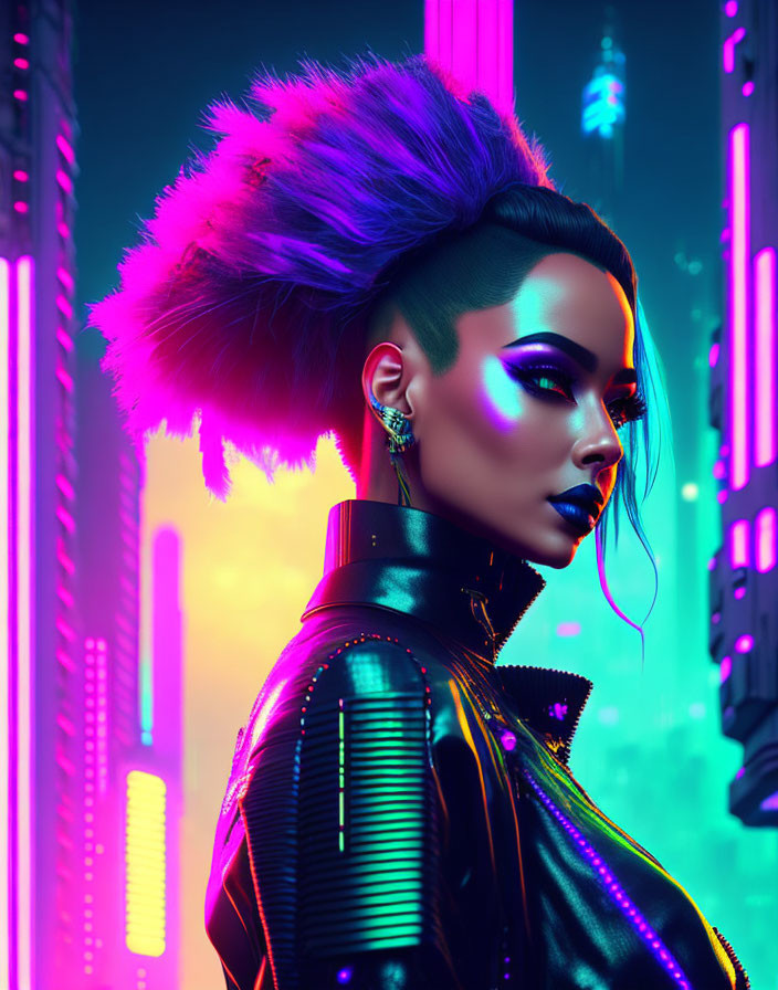 Digital artwork: Woman with punk style, neon-lit cityscape.