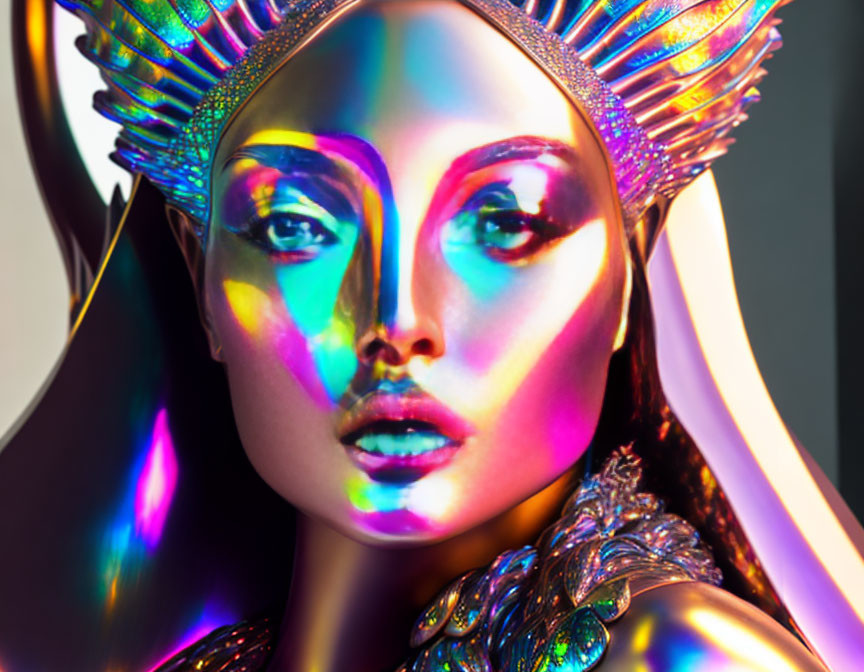 Vibrant holographic makeup and elaborate headpiece on a woman.