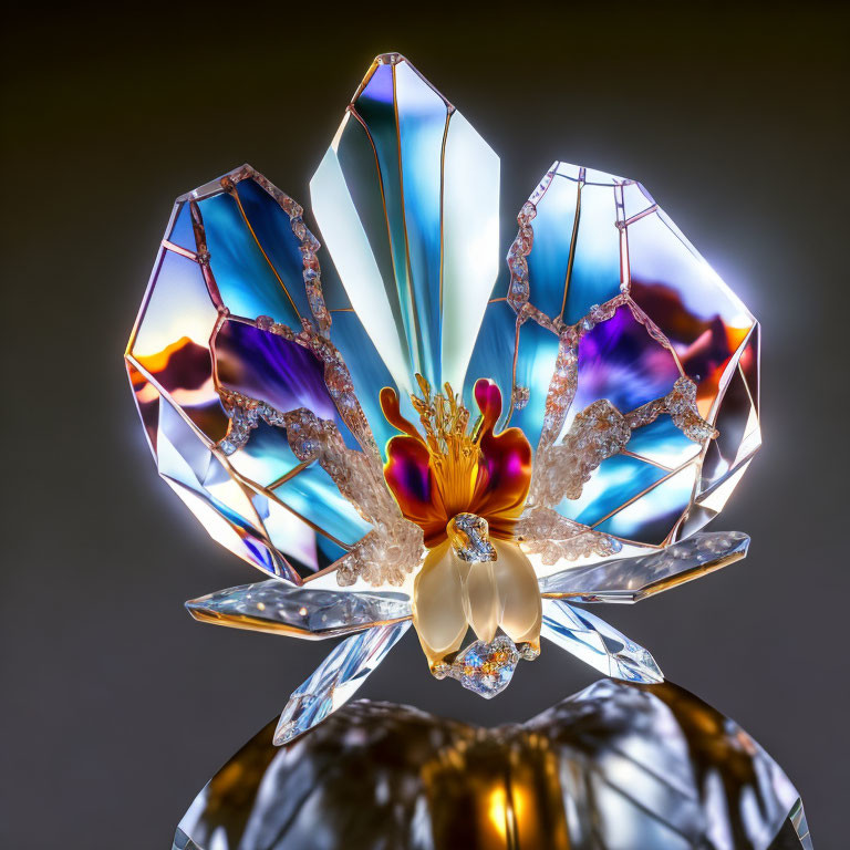 Iridescent crystal glass flower with blue and purple petals on dark background