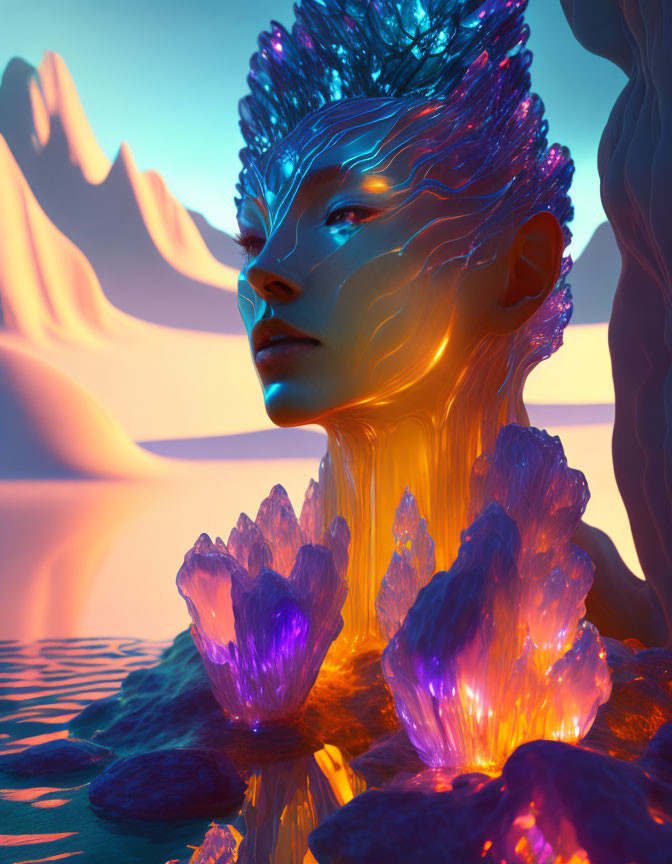 Luminous humanoid figure by water with glowing crystals and mountains at sunset