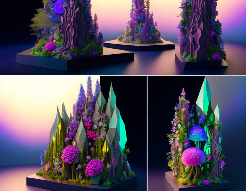 Vibrant 3D Mini Ecosystems with Plants, Crystals, and Trees