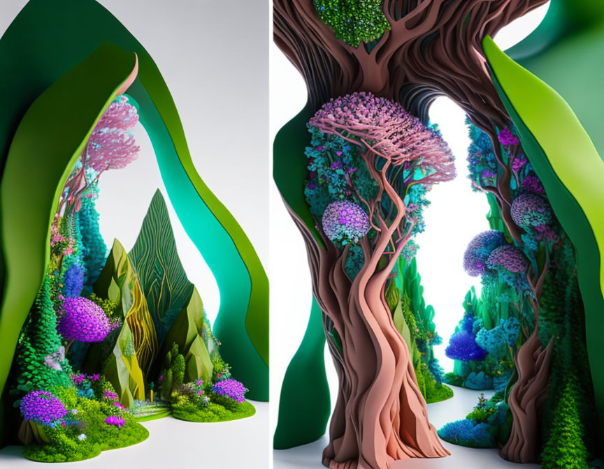 Colorful 3D Forest Art with Stylized Trees and Flora