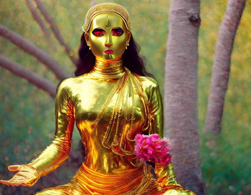 Golden humanoid figure holding pink flower outdoors surrounded by trees