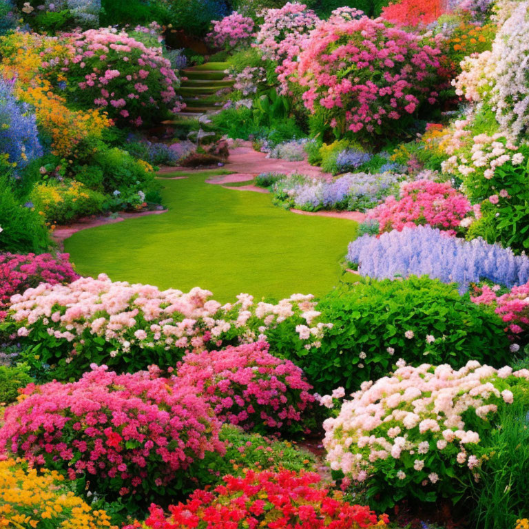 Colorful Blooming Flower Garden Path with Staircase