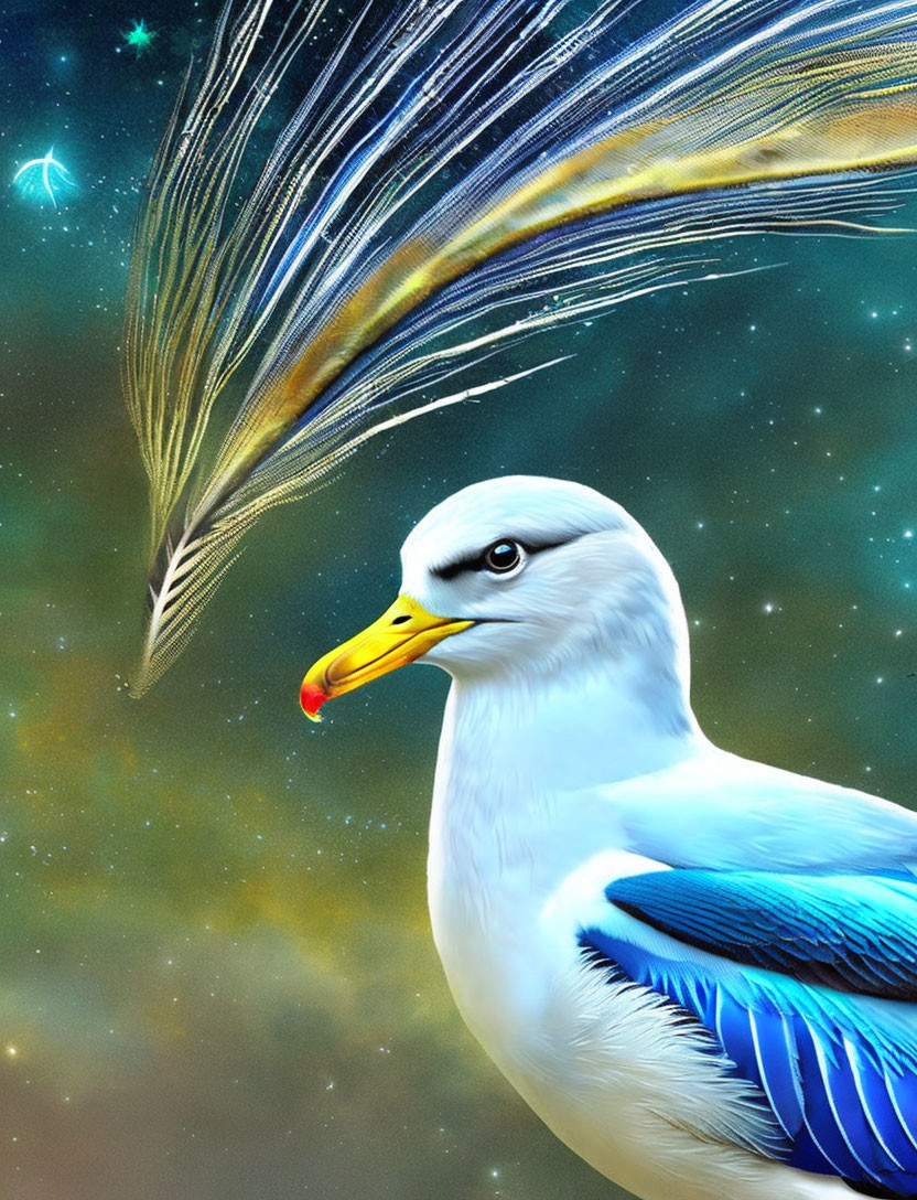 Stylized seagull with blue feathers on cosmic background and ethereal structure