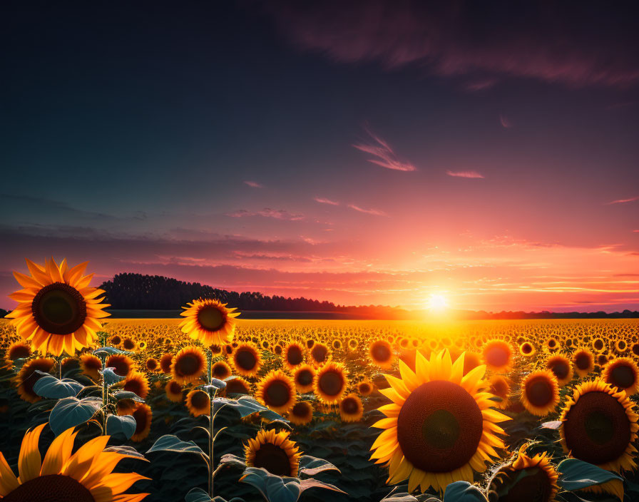 Vibrant sunflower field at sunset with purple and orange sky