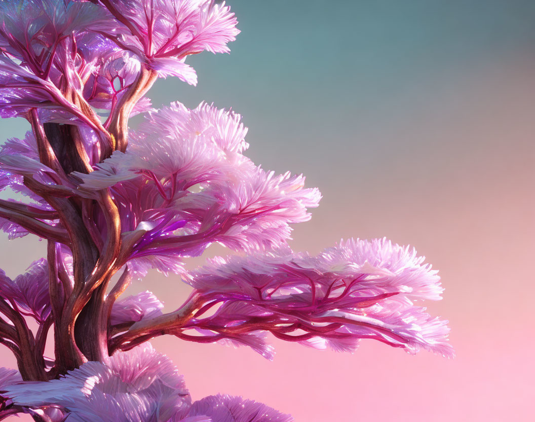 Colorful digital artwork: Fantastical pink and purple tree with flower-like foliage on pastel background