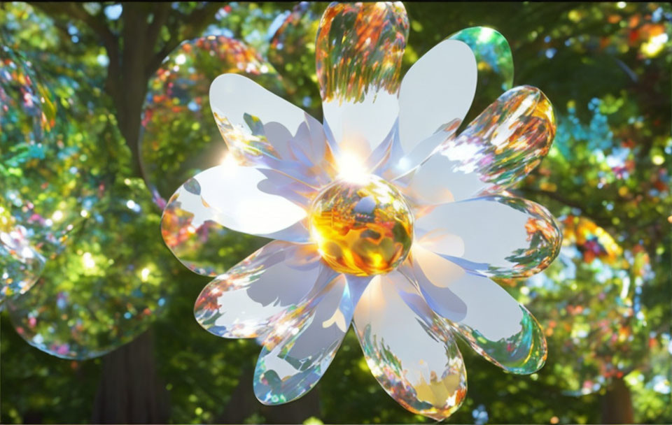 Reflective Flower Sculpture Amid Green Trees and Sunlight