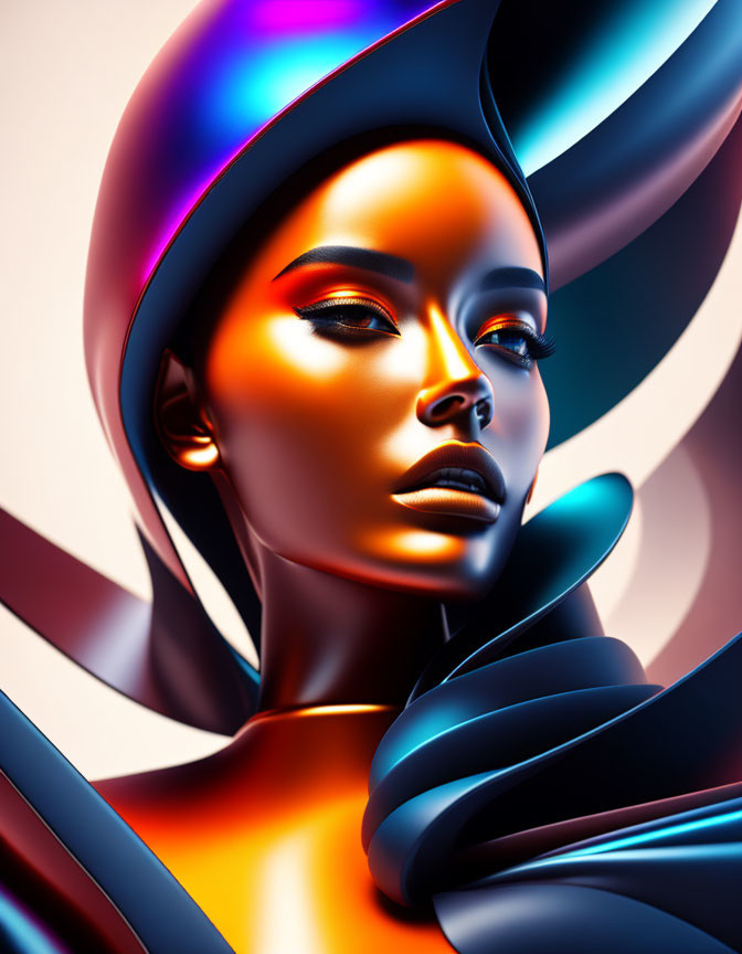 Colorful digital art portrait of a woman with abstract shapes swirling around her