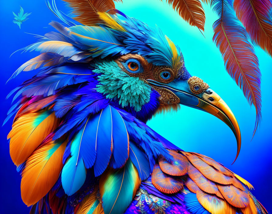 Colorful Bird Digital Artwork with Blue, Orange, and Purple Feathers