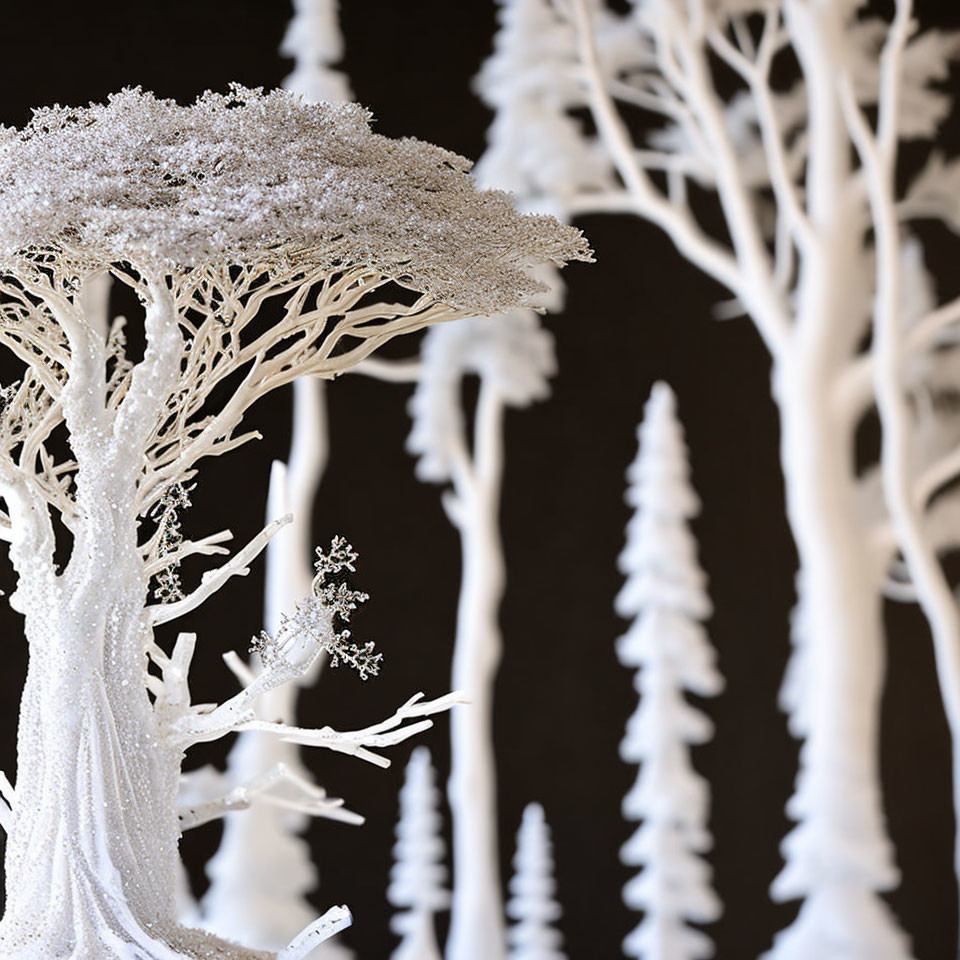 Intricate White Tree 3D Printed Models on Dark Background