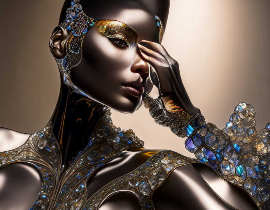 Futuristic woman with metallic skin and gemstones in ornate garment