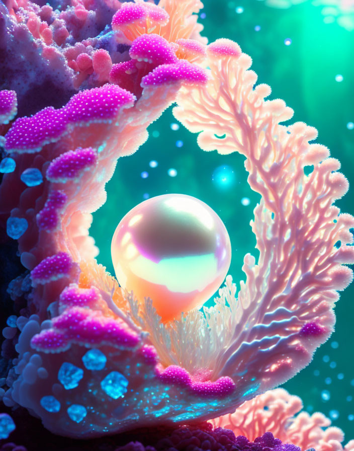 Vibrant coral structure with glowing pearl in underwater scene