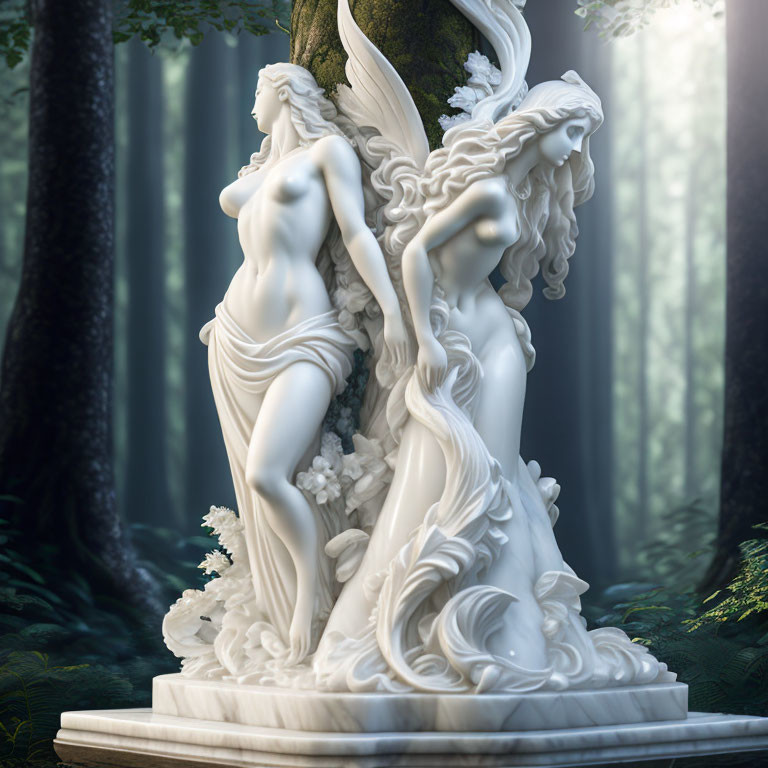 Sculpture of ethereal winged figures in serene forest landscape